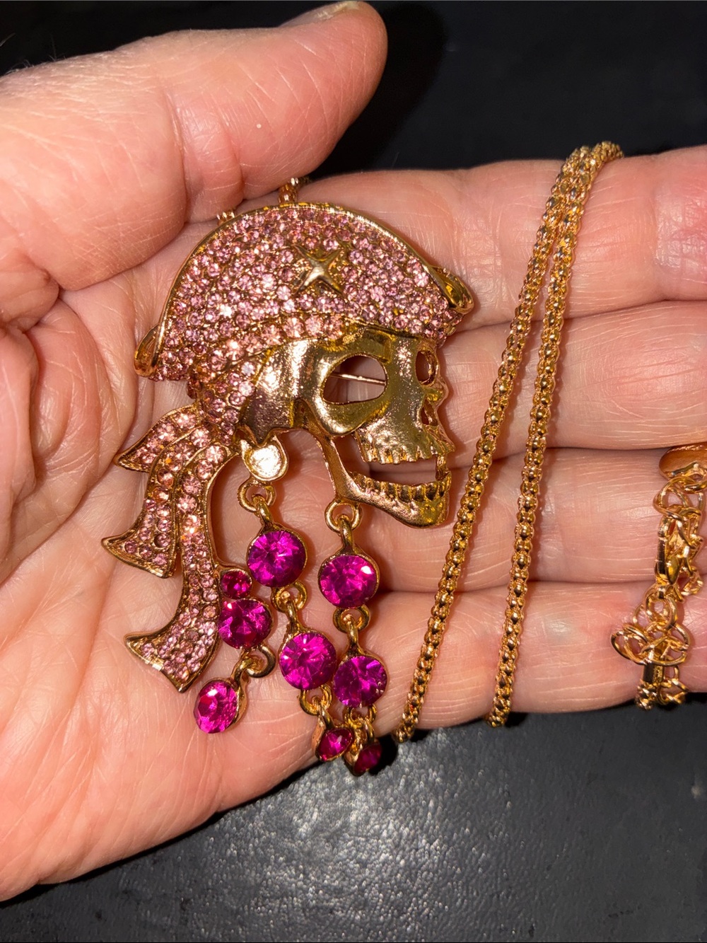 Pink Crystal Pirate Skull Pendant/Brooch Dangling Beads Necklace